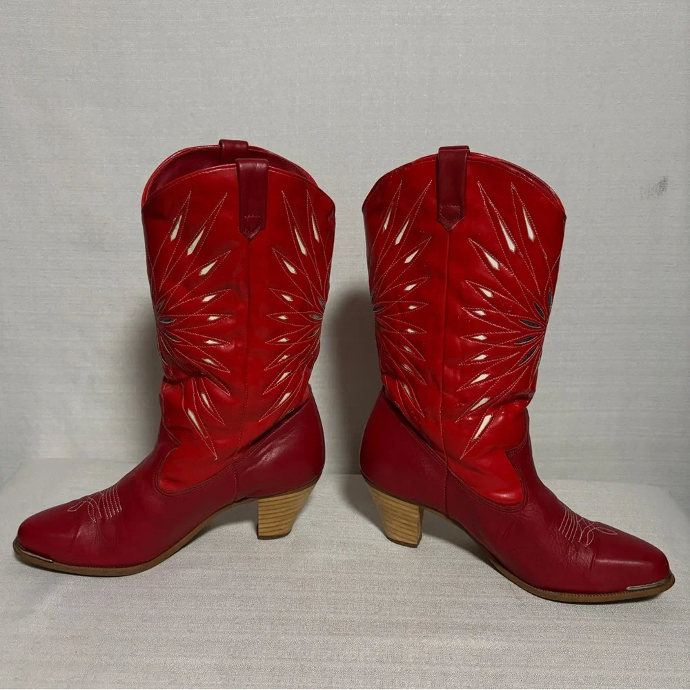 VTG DINGO Outwest Leather RED Inlay Coastal Cowgirl Boots 6.5 line dancing READ! - Picture 2 of 13